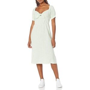 ROXY Green Houndstooth Tie Front Puff Sleeve Smocked Midi Dress Womens XS‎